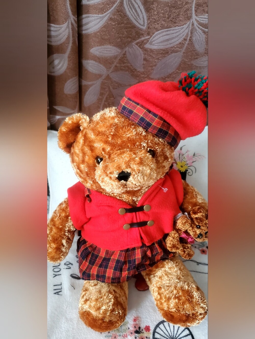 ATICO International Teddy Bear W/ Baby Bear Red Plaid and Hat